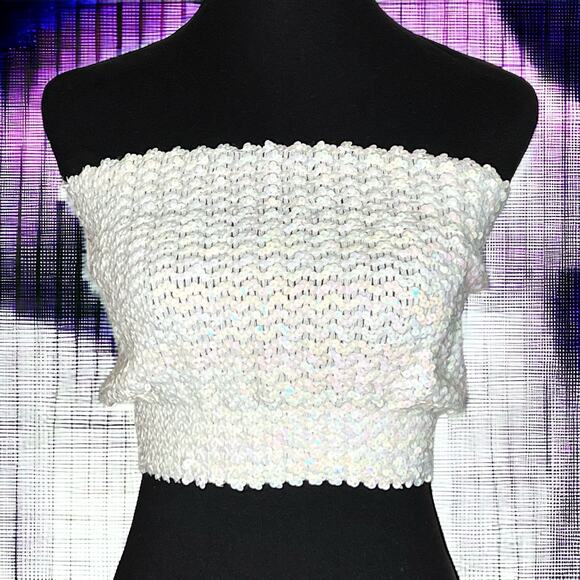Y2K Teammates NY Vintage White Sequin Cybercore Festival Tube Top NWT Medium - Picture 1 of 7